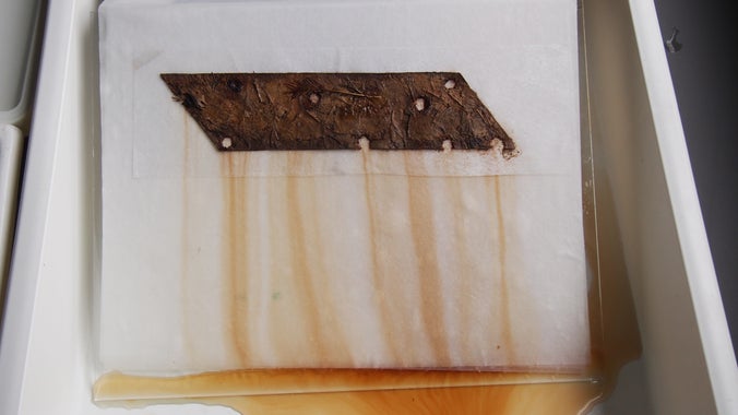 A piece of paper support from the Shell Gallery, A la Ronde, Devon, during conservation.